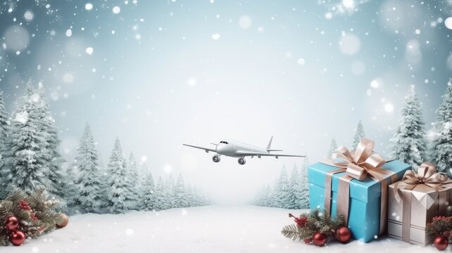 Merry Christmas and Happy Holidays greeting card, frame, banner. New Year. Christmas ornaments and gift on plane, background.