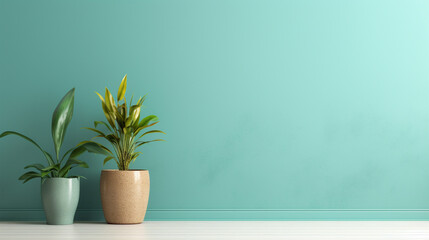 Abstract Minimalist soft green teal wall background, sunlight streams through the windows and potted plants. Create a harmonious atmosphere that invites relaxation, with copy space.