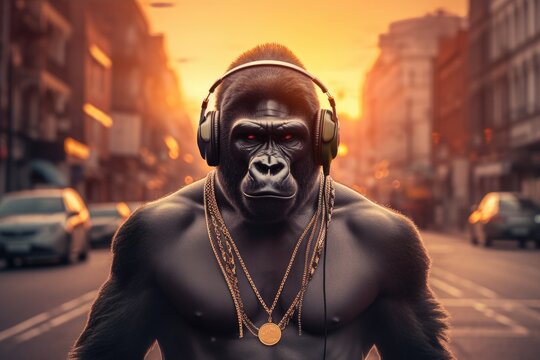 Stylish gorilla with headphones listening to music