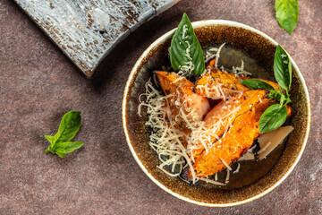 baked sweet potato. Clean eating, dieting, vegan food concept. top view. place for text