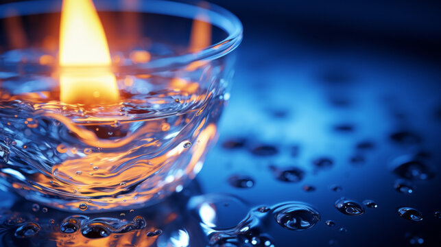 A close-up view of a beaker containing a clear liquid, with a blue flame visible at the surface