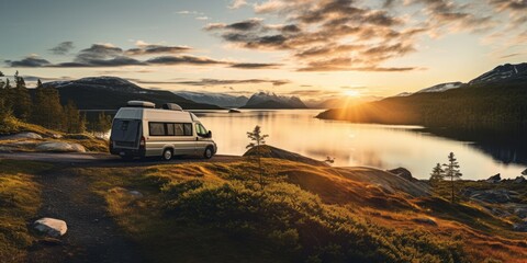 Fototapeta na wymiar Van Camping Amidst the Serene Norwegian Landscape, Immersed in the Beauty of Northern Nature