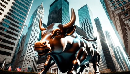 Photo capturing a commanding bull statue in the central area of a bustling financial district....