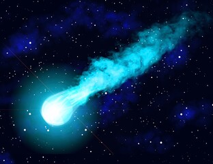A telescopic photo of Comet on dark sky with stars
