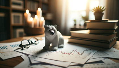 Photo capturing a bear figurine, symbolizing market pessimism, set on a desk adjacent to piles of financial documents. - obrazy, fototapety, plakaty