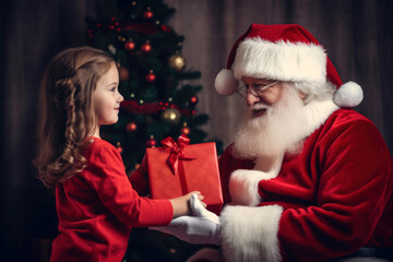 Fototapeta na wymiar Santa Claus giving a present to boy at christmas