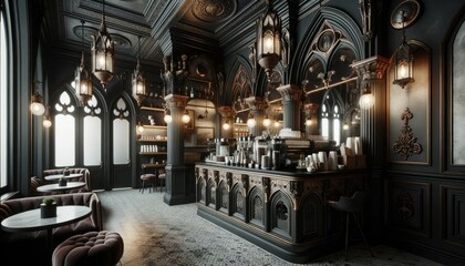 Coffee shop interior reflecting gothic design principles. The room features a mix of dark tones, with standout features like an ornate counter, decorative arches, and vintage lanterns. - obrazy, fototapety, plakaty