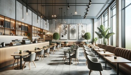 Contemporary coffee shop interior, boasting an open space layout with a combination of communal tables and private booths. Modern artwork adorns the walls, and potted plants. - Powered by Adobe