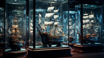 A collection of model ships, on display in a glass case - obrazy, fototapety, plakaty