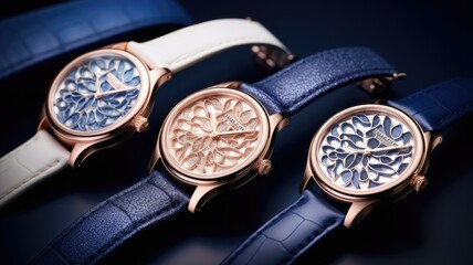 a collection of four women's watches, highlighting their diamond lattice design, elegant appearance, and meticulous detailing against a white backdrop.