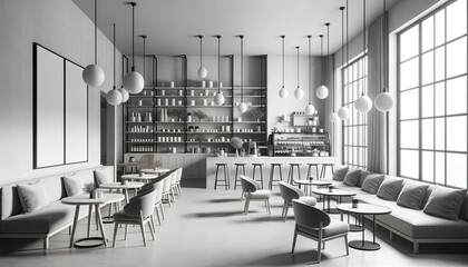 Coffee shop interior reflecting minimalist design principles. The room features monochromatic tones, basic furniture, and a lack of excess decor. Every element in the space is functional.