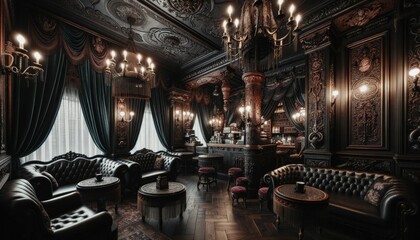 Gothic coffee shop interior, characterized by its dark hues, ornate patterns, and vintage furnishings. The walls are adorned with velvet drapes, and chandeliers cast a moody glow. 