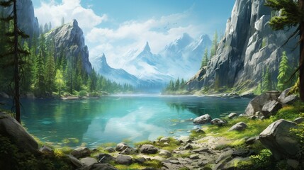  a painting of a mountain lake surrounded by rocks and trees.  generative ai