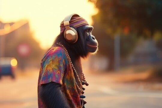 Rastafarian chimpanzee listening to music with headphones