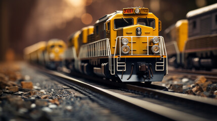 A collection of model trains, running on a miniature track - obrazy, fototapety, plakaty