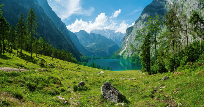 Obersee at Berchtesgaden Nature Reserve with green surrounding landscape 