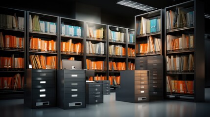 Corporate Document Storage - Isolated file folders and ring binders filled with business documents. Showcase your professional file organization with this image - obrazy, fototapety, plakaty
