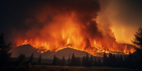  A Mountain Engulfed in Flames, a Devastating Forest Fire, and the Heroic Firewall of Nature's Resilience - obrazy, fototapety, plakaty