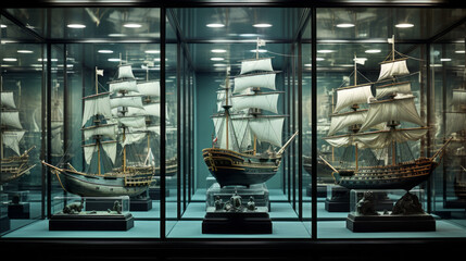 A collection of model ships, on display in a glass case - obrazy, fototapety, plakaty