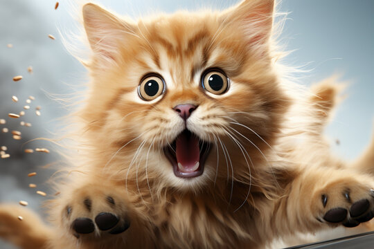 portrait of crazy surprised fluffy cat