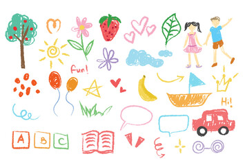 Crayon fun cute kid colòul doodle set badge, scribble line flower, heart. rainbow background. Hand drawn doodle sketch childish element set. Flower, heart, cloud children draw style design elements  - obrazy, fototapety, plakaty
