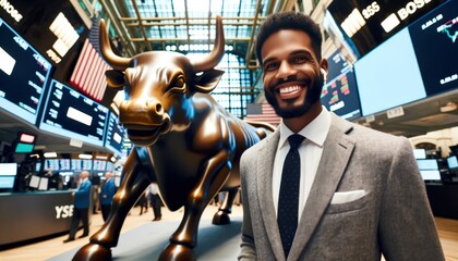 Photo capturing an African-American trader, exuding joy and success in the heart of a lively stock exchange. In the backdrop, a prominent bull statue