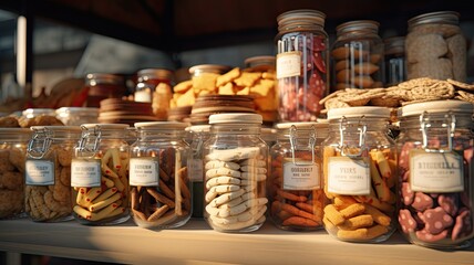 a display featuring a variety of bundled dog biscuits, ready for sale and highlighting their deliciousness.