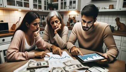 Photo of a Hispanic family at the kitchen table, engrossed in a tense financial discussion. Various bills are scattered, and a digital tablet - obrazy, fototapety, plakaty