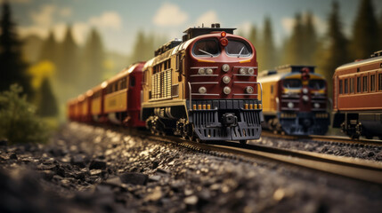 Obraz premium A collection of model trains, running on a miniature track