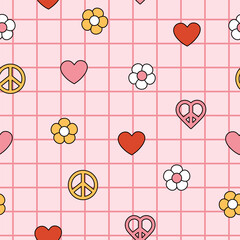 Seamless pattern of groovy hearts, flowers. Cartoon elements in trendy retro style for Valentine day design.