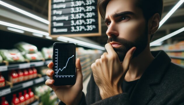 Close-up photo of a thoughtful Caucasian individual, standing in front of a grocery store price board. In their hand, they hold a mobile device