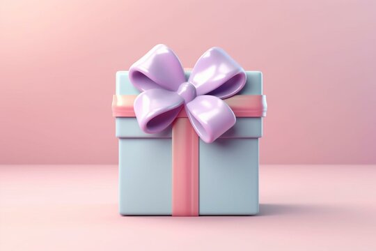 Square gift box with silk glossy bow ribbon. Pastel color palette, copy space. Promotion banner for advertising company. 3D render illustration. Generative AI