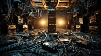 A complex system of cables and wires snakes across the floor, connecting a variety of electronic devices 