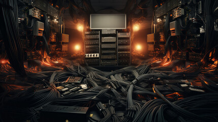 A complex system of cables and wires snakes across the floor, connecting a variety of electronic devices 