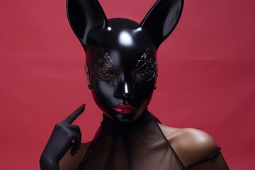 Young woman in black tulle costume with red lips and black latex bunny mask against a red wall - obrazy, fototapety, plakaty