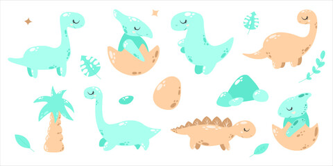 Set of cute dinosaurs. Hand drawn.