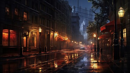 Fototapeta na wymiar a city street at night in the rain with street lights. generative ai