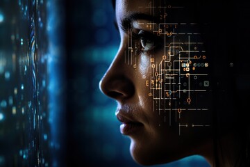 Illuminated by AI ethical scenarios, woman ponders deeply, close-up