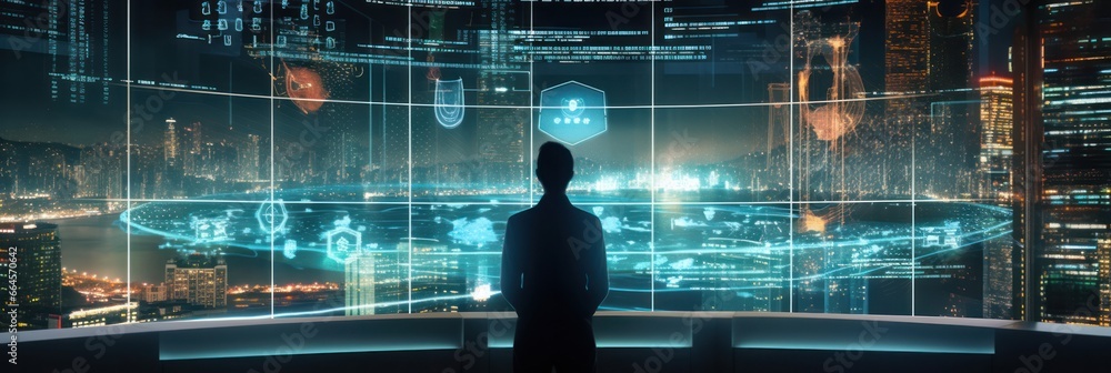 Poster massive screen illuminates analyst, ai's data prowess visualized in real-time