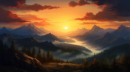 beautiful sunset landscape with mountains