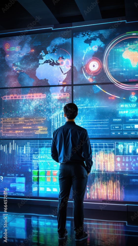 Poster vast screen's data dance captivates analyst, ai-driven analytics in spotlight