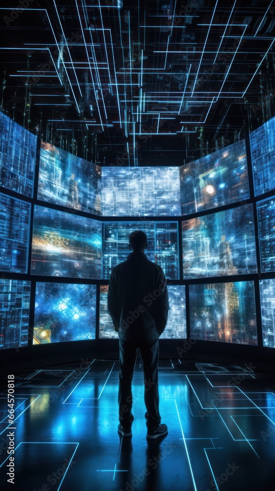Poster analyst engrossed in ai's real-time data spectacle on expansive digital stage