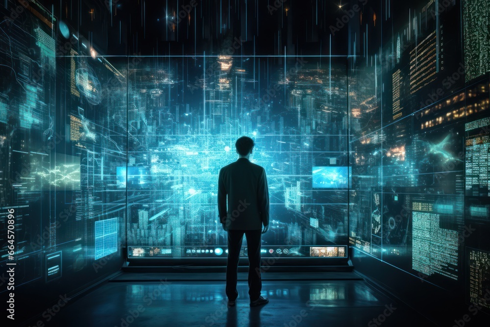 Poster Immersed in AI-driven data, analyst navigates massive screen's dynamic visualizations
