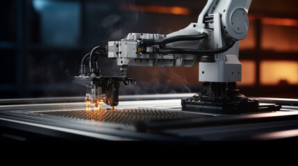 Fototapeta premium A D printer builds an intricate model, its tiny robotic arm meticulously assembling the pieces