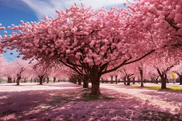 Obraz na płótnie Canvas Vibrant panorama of a blossoming pink cherry tree in spring. Generative AI