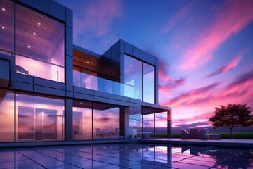 Beautiful sky above newly constructed contemporary home with illuminated window frames. Appealing and attractive. 3D rendering. Generative AI