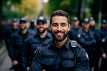 Police officer smiling with his team in the background - obrazy, fototapety, plakaty