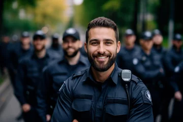 Poster Police officer smiling with his team in the background © Jan