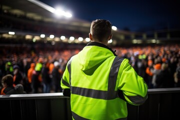 A security personnel wearing a high-visibility neon green jacket stands overseeing a full stadium...