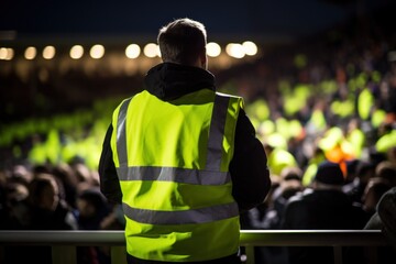 A security personnel wearing a high-visibility neon green jacket stands overseeing a full stadium during a soccer match